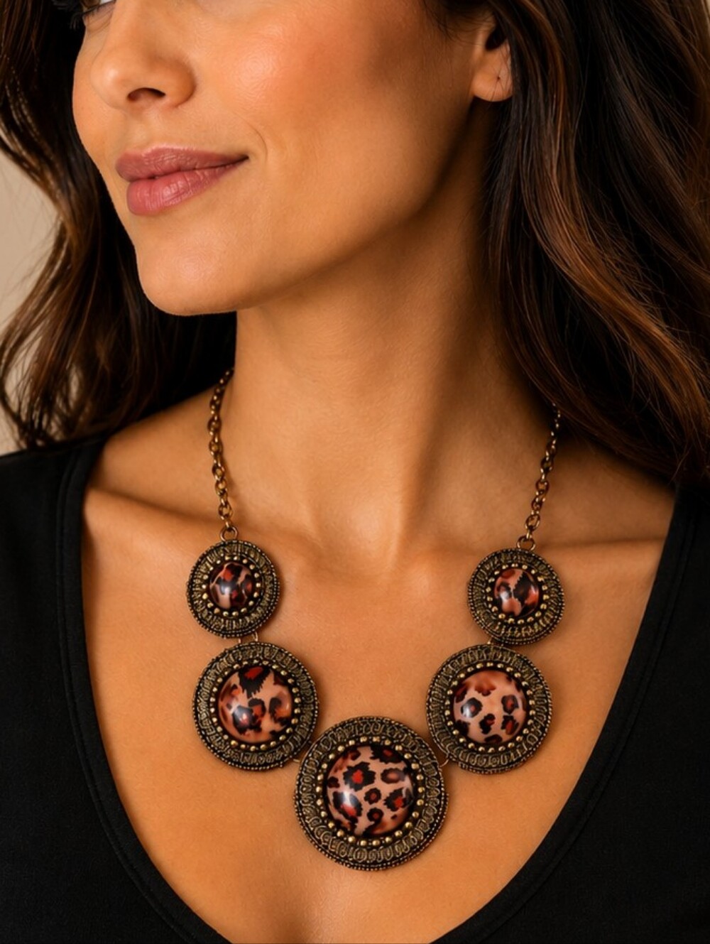 Vintage Hot Pink Leopard Disc Statement Necklace